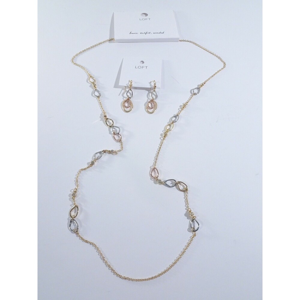 Ann Taylor Women's Tri Color Ring Link Necklace and Link Drop Earrings NWT 34 29
